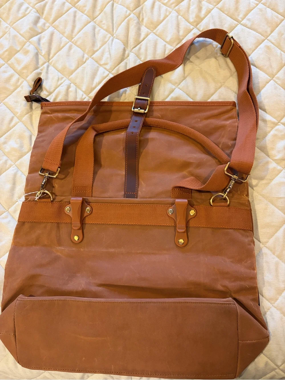 Casual Tan Canvas Messenger Tote with Brown Trim